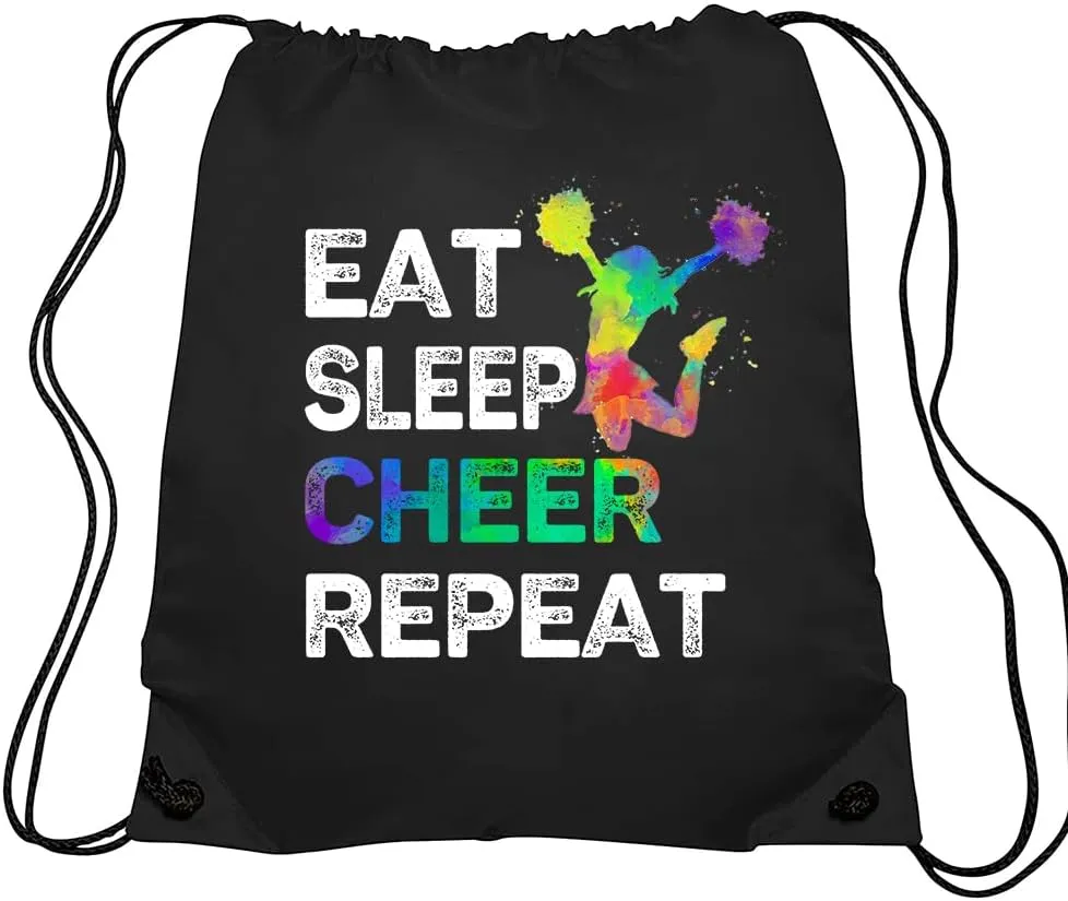 Haizct Eat Sleep Cheer Repeat Drawstring Backpack, Drawstring Gym Bag for Cheerleaders, String Backpack Gym Sports Sack Bag Gifts for Woman