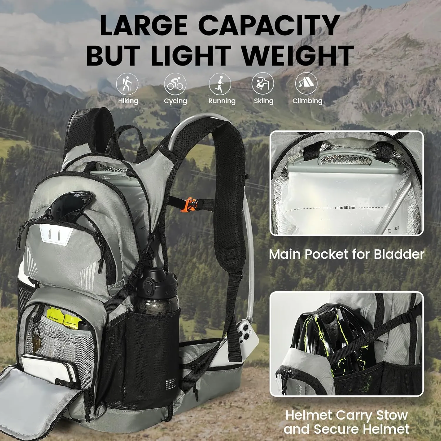 Hiking Backpack with 3L Water Bladder, 18L Hydration Pack Backpack for Women & Men, Lightweight Day Pack, Hydropack for Hiking, Cycling