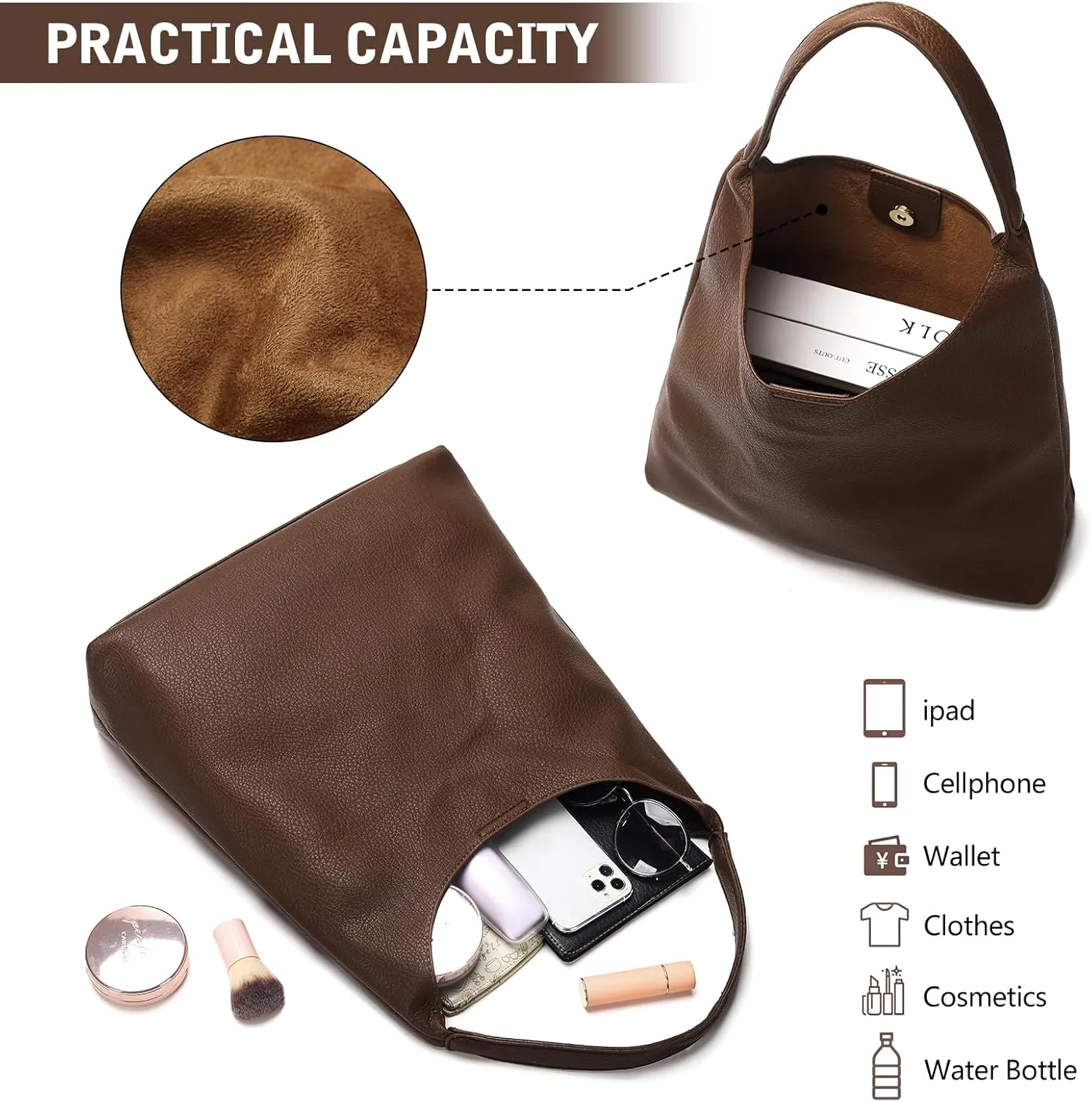 Hobo Bags for Women, Soft Vegan Leather Shoulder Handbags, Slouchy Tote Purses for Work, Travel, School