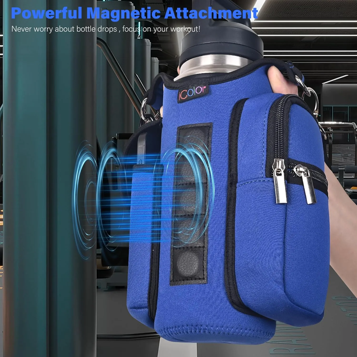 icolor Magnetic Gym Bag Water Bottle Carrier Holder with Phone Pockets & Shoulder Strap,5 Built-in Magnets Gym Bottle Pouch Sleeve,Magnetic Bag Gym Accessories Organizer for Men Women