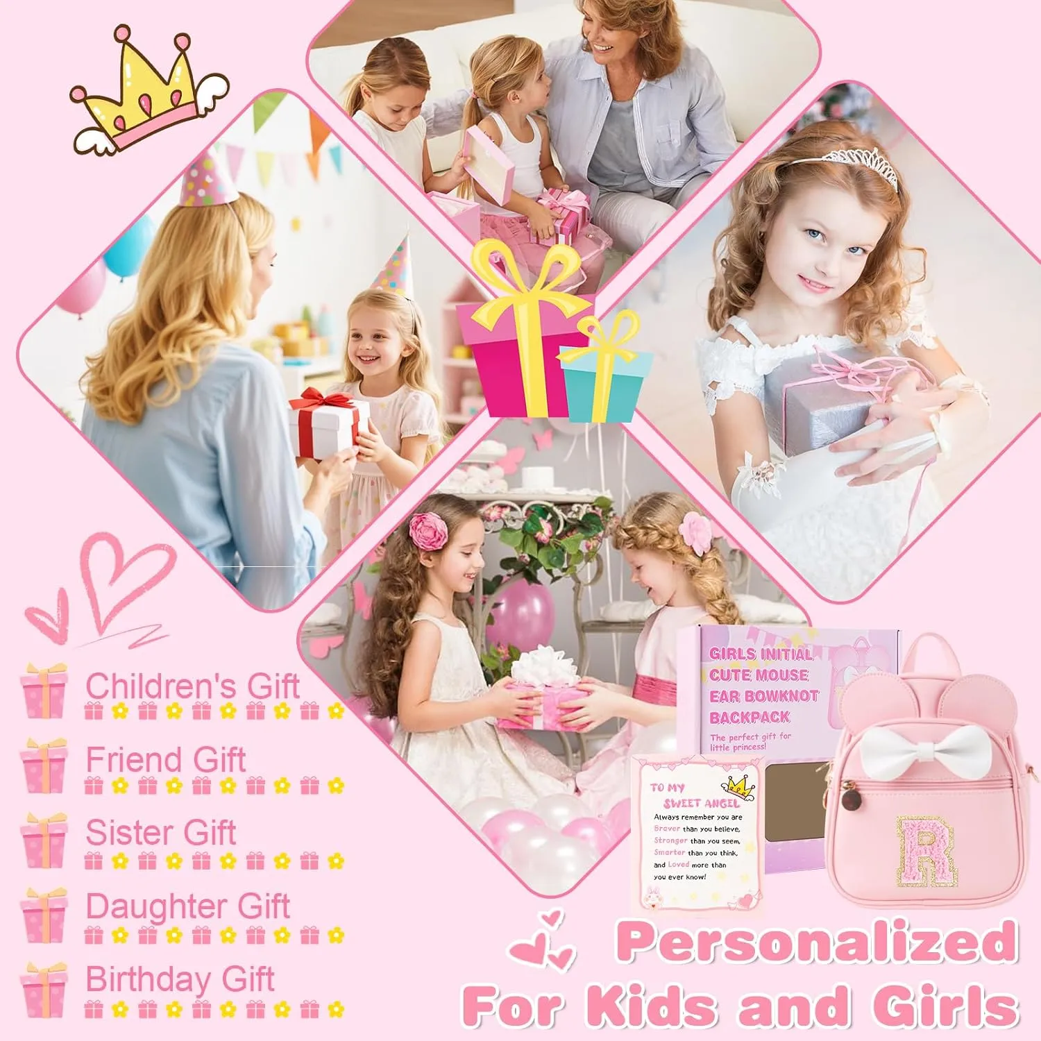 Initial Bowknot Mini Backpacks Birthday Gift For Girls 2-10 Year Old, Cute Little Girl Purse Mouse Ear Crossbody Bag,Small Toddler Daypacks Wallet ,Personalized Trendy Stuff Gift for Kids Teen(Pink,R)