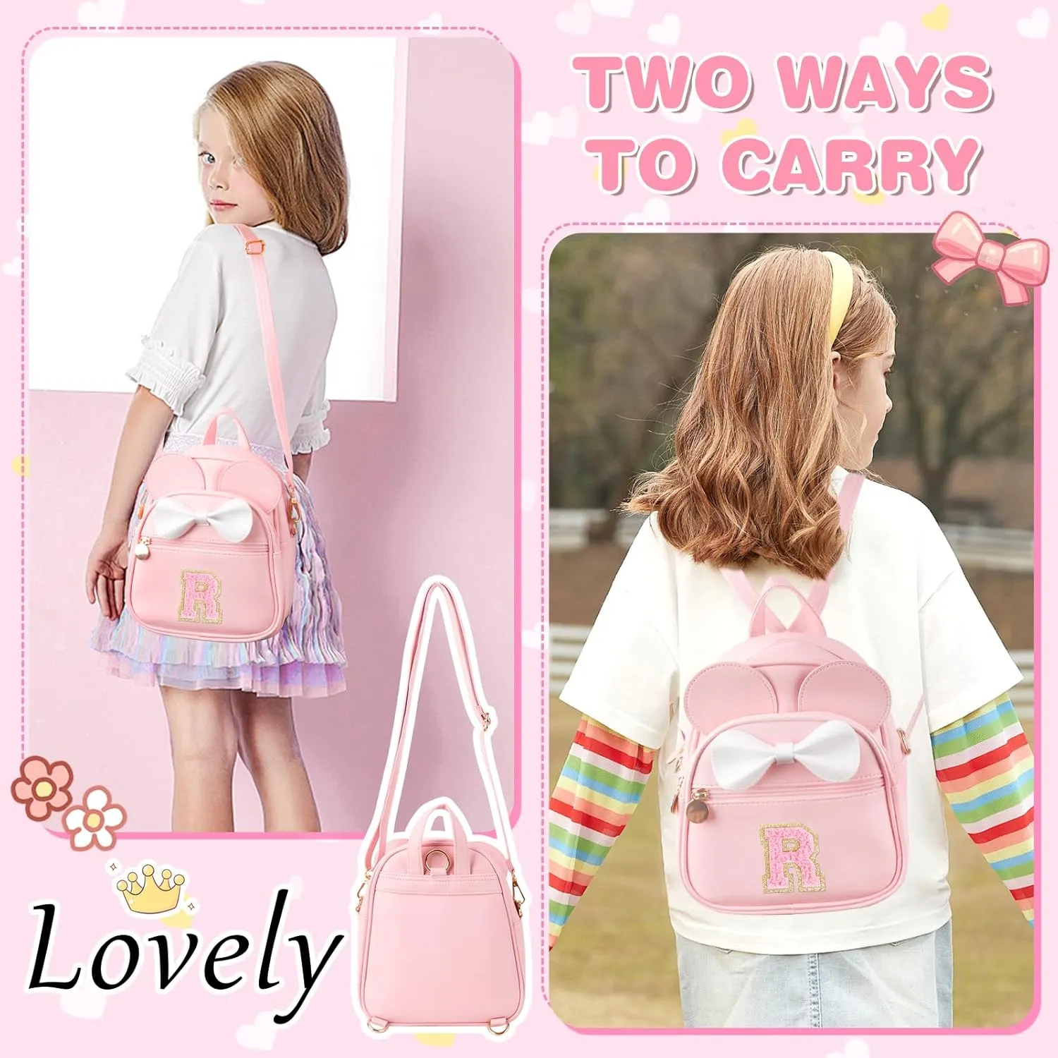 Initial Bowknot Mini Backpacks Birthday Gift For Girls 2-10 Year Old, Cute Little Girl Purse Mouse Ear Crossbody Bag,Small Toddler Daypacks Wallet ,Personalized Trendy Stuff Gift for Kids Teen(Pink,R)