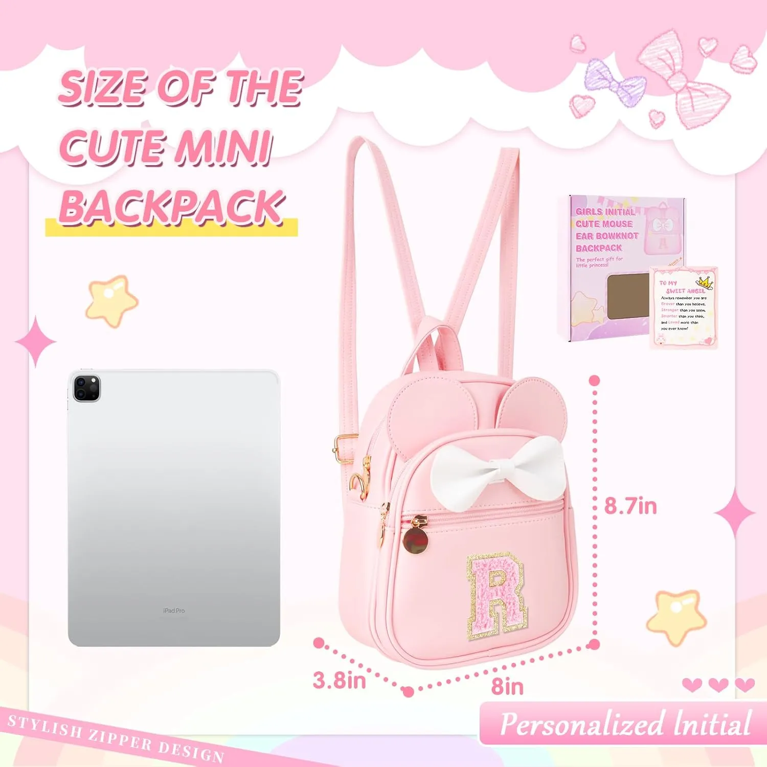 Initial Bowknot Mini Backpacks Birthday Gift For Girls 2-10 Year Old, Cute Little Girl Purse Mouse Ear Crossbody Bag,Small Toddler Daypacks Wallet ,Personalized Trendy Stuff Gift for Kids Teen(Pink,R)