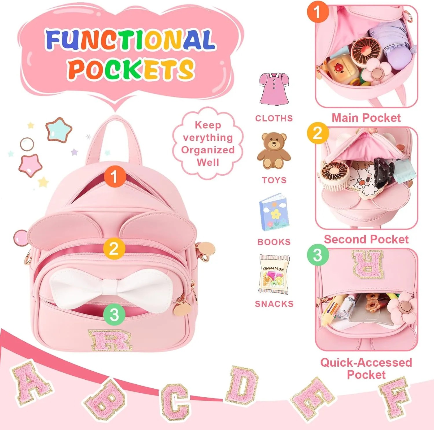 Initial Bowknot Mini Backpacks Birthday Gift For Girls 2-10 Year Old, Cute Little Girl Purse Mouse Ear Crossbody Bag,Small Toddler Daypacks Wallet ,Personalized Trendy Stuff Gift for Kids Teen(Pink,R)
