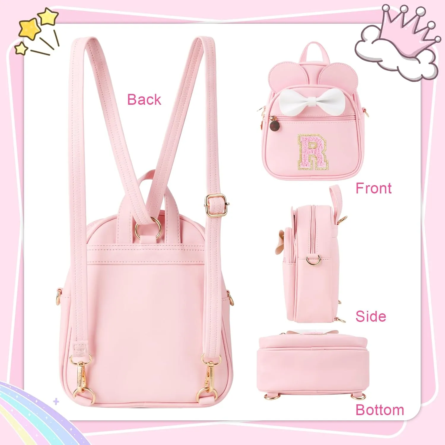 Initial Bowknot Mini Backpacks Birthday Gift For Girls 2-10 Year Old, Cute Little Girl Purse Mouse Ear Crossbody Bag,Small Toddler Daypacks Wallet ,Personalized Trendy Stuff Gift for Kids Teen(Pink,R)