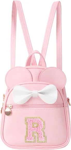 Initial Bowknot Mini Backpacks Birthday Gift For Girls 2-10 Year Old, Cute Little Girl Purse Mouse Ear Crossbody Bag,Small Toddler Daypacks Wallet ,Personalized Trendy Stuff Gift for Kids Teen(Pink,R)