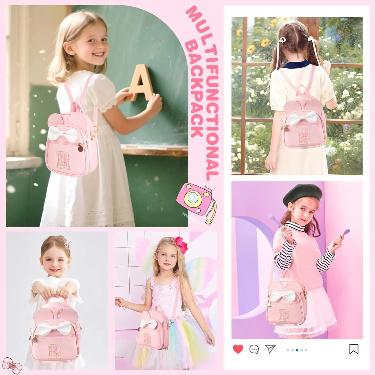 Initial Bowknot Mini Backpacks Birthday Gift For Girls 2-10 Year Old, Cute Little Girl Purse Mouse Ear Crossbody Bag,Small Toddler Daypacks Wallet ,Personalized Trendy Stuff Gift for Kids Teen(Pink,R)