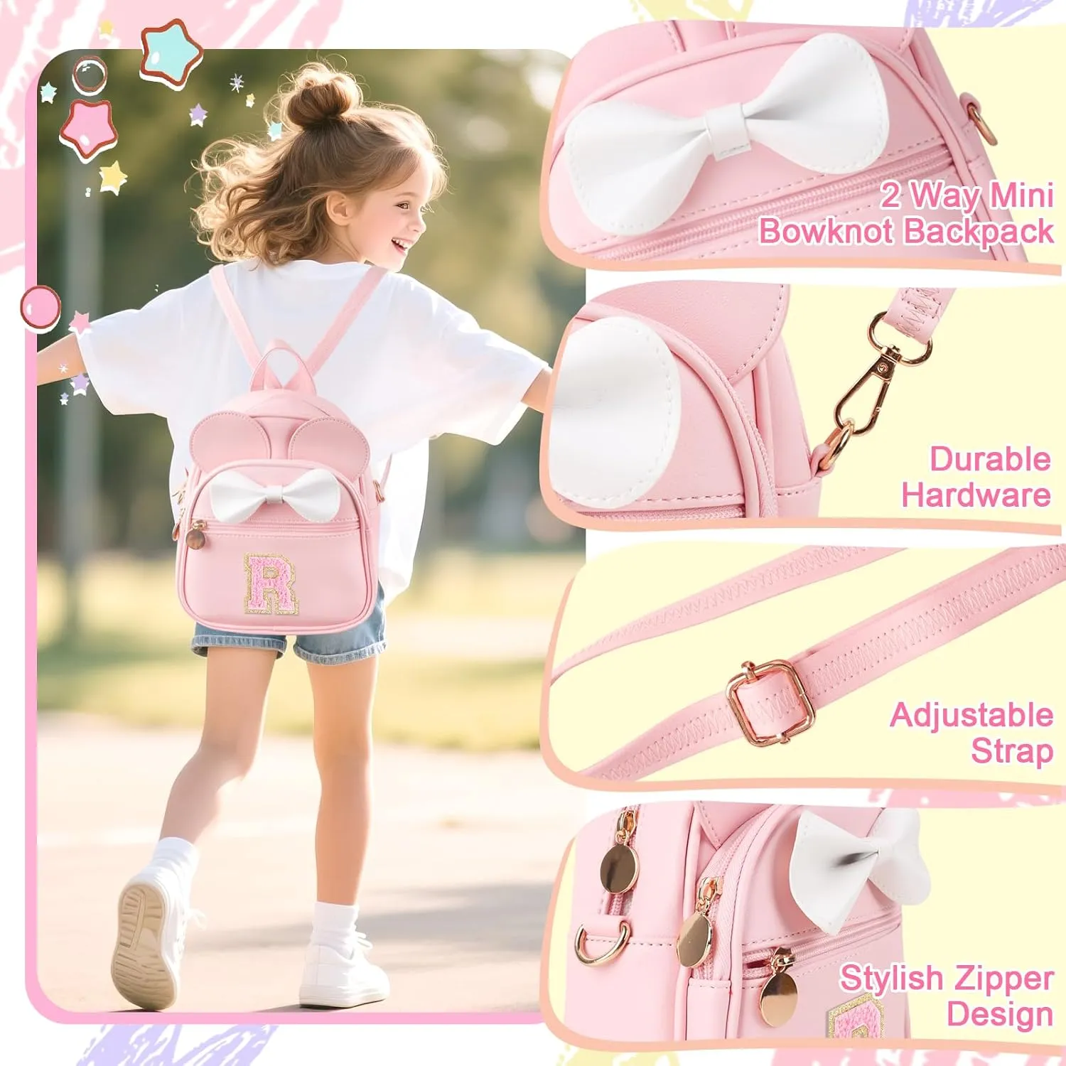 Initial Bowknot Mini Backpacks Birthday Gift For Girls 2-10 Year Old, Cute Little Girl Purse Mouse Ear Crossbody Bag,Small Toddler Daypacks Wallet ,Personalized Trendy Stuff Gift for Kids Teen(Pink,R)