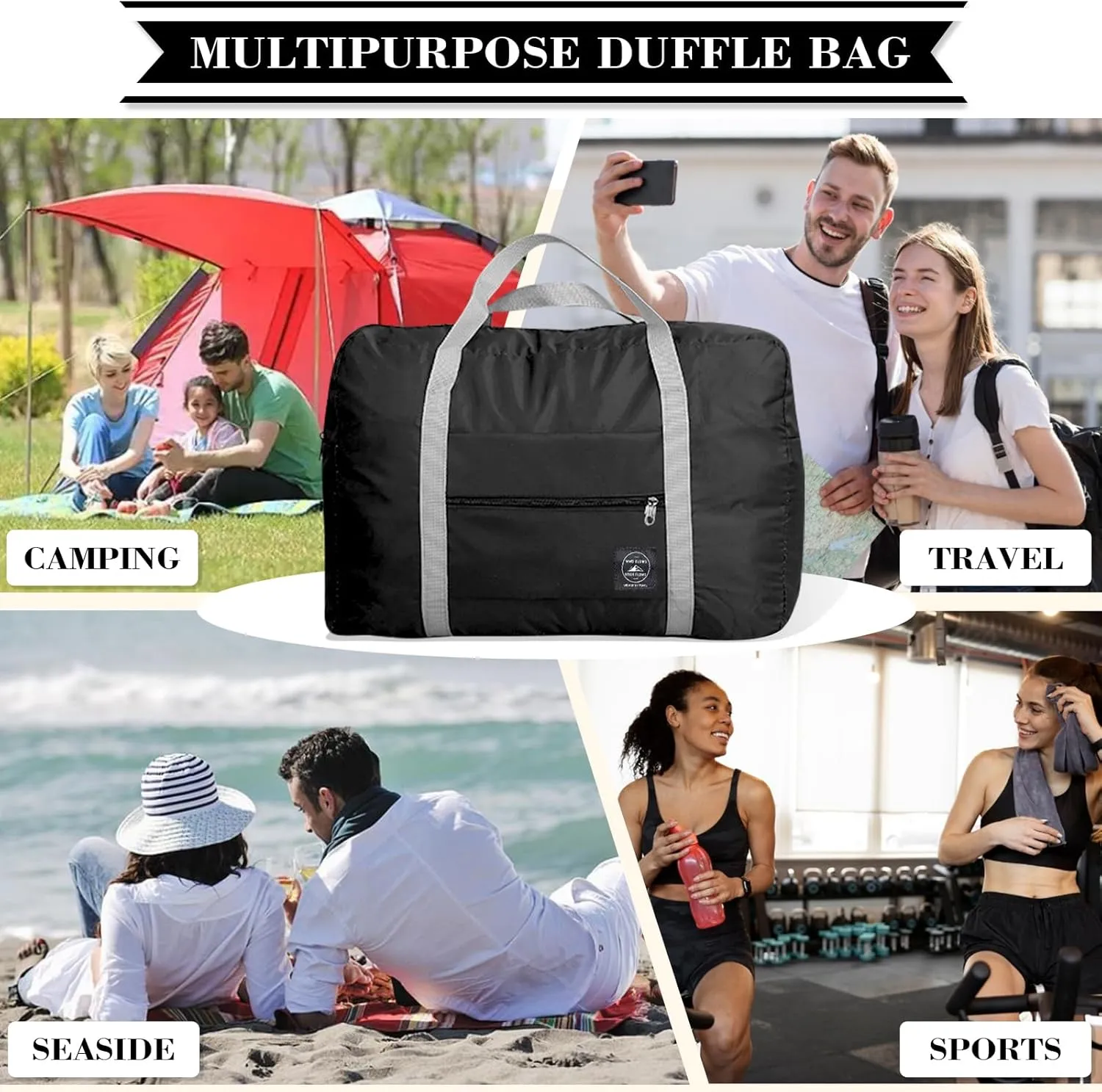 INVODA Travel Bag Carry on Luggage Foldable Duffel Bag Sports Gym Bag Weekender Overnight Bag Water Resistant Nylon Travel Duffel for Men Women (Black)