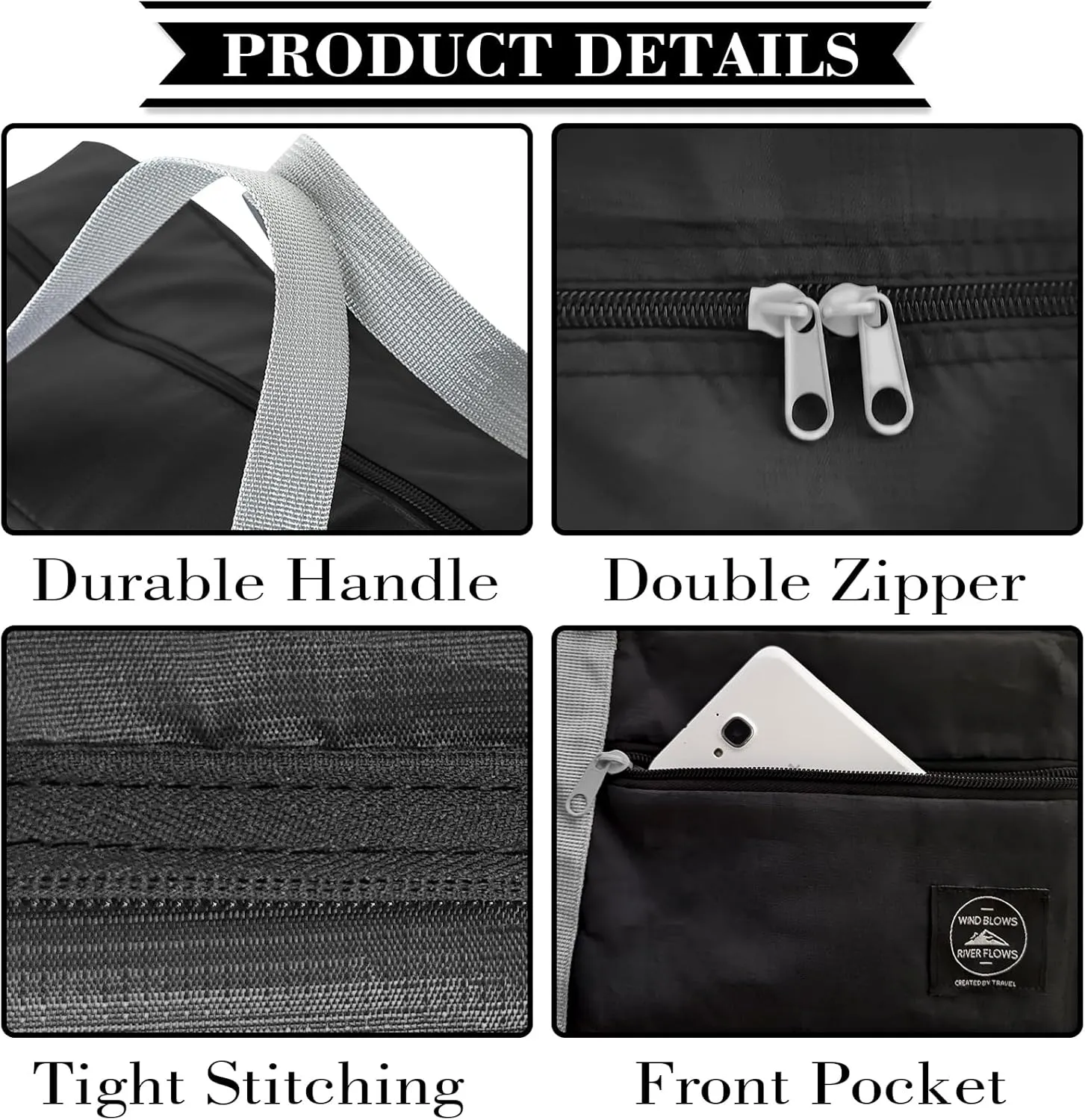 INVODA Travel Bag Carry on Luggage Foldable Duffel Bag Sports Gym Bag Weekender Overnight Bag Water Resistant Nylon Travel Duffel for Men Women (Black)