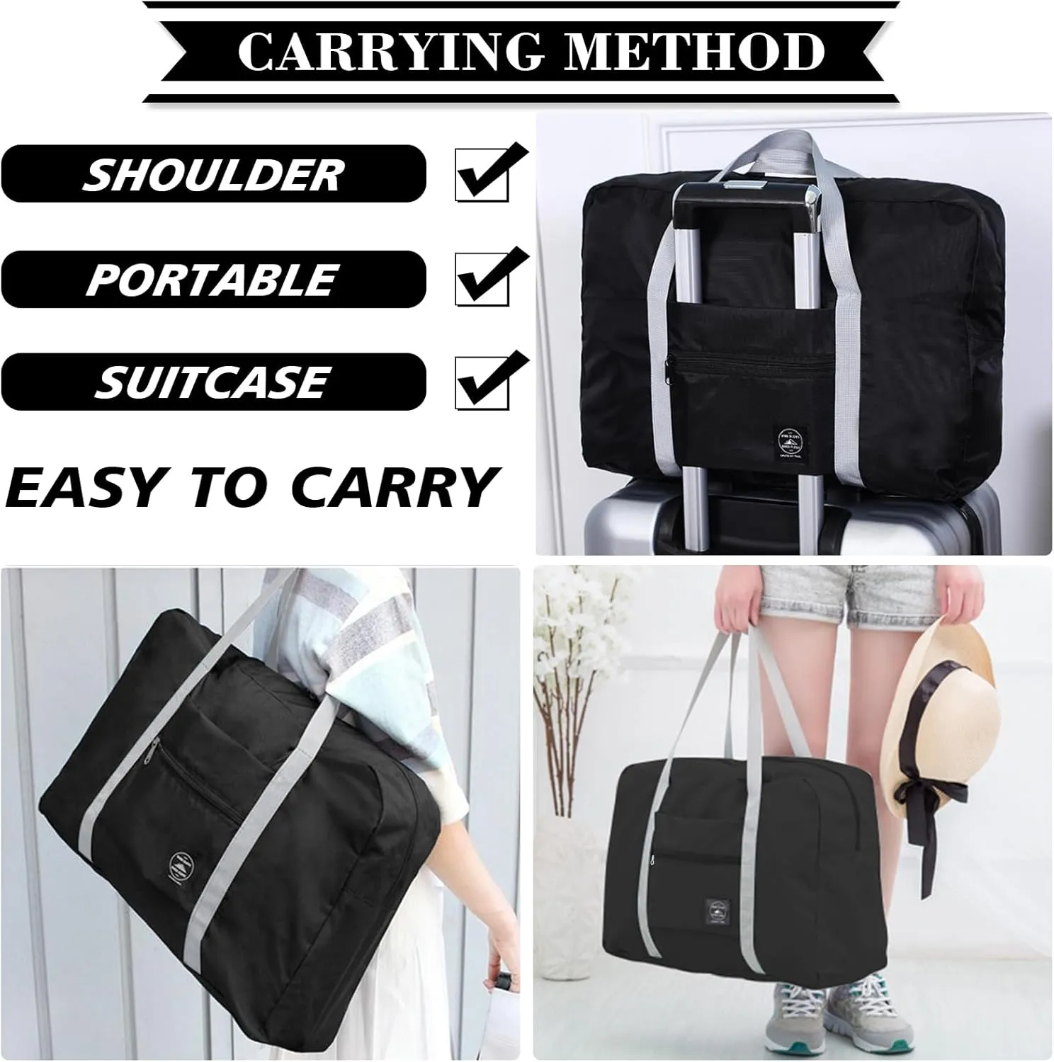 INVODA Travel Bag Carry on Luggage Foldable Duffel Bag Sports Gym Bag Weekender Overnight Bag Water Resistant Nylon Travel Duffel for Men Women (Black)