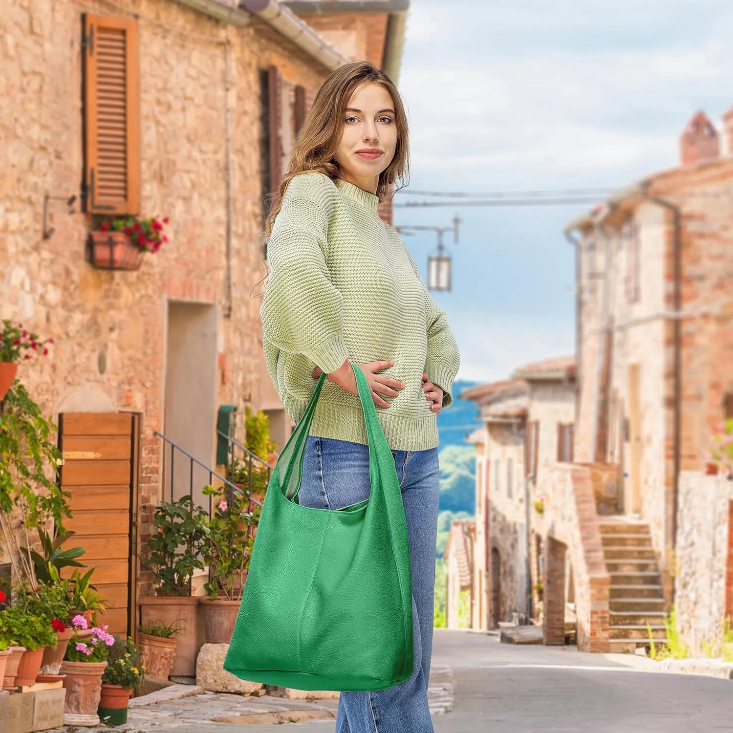 Italian Genuine Calf Leather Hobo Bag for Women with Zipper | Large Soft Slouchy Unlined Shoulder Handbag Tote Bucket Purse