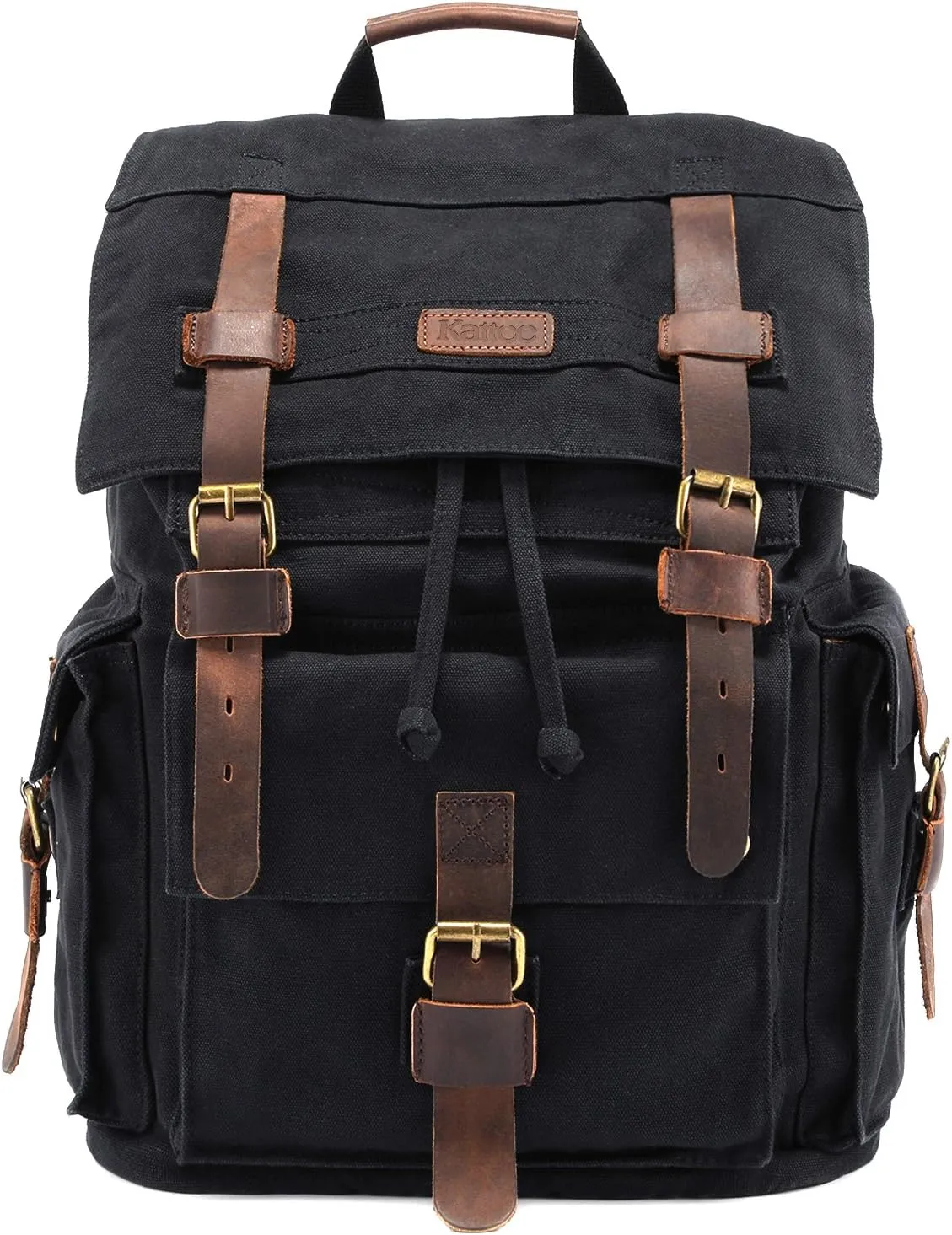 Kattee Mens Leather Canvas Backpack Large School Bag Travel Rucksack Black