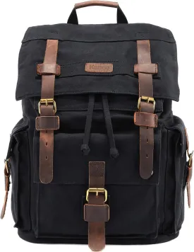 Kattee Mens Leather Canvas Backpack Large School Bag Travel Rucksack Black