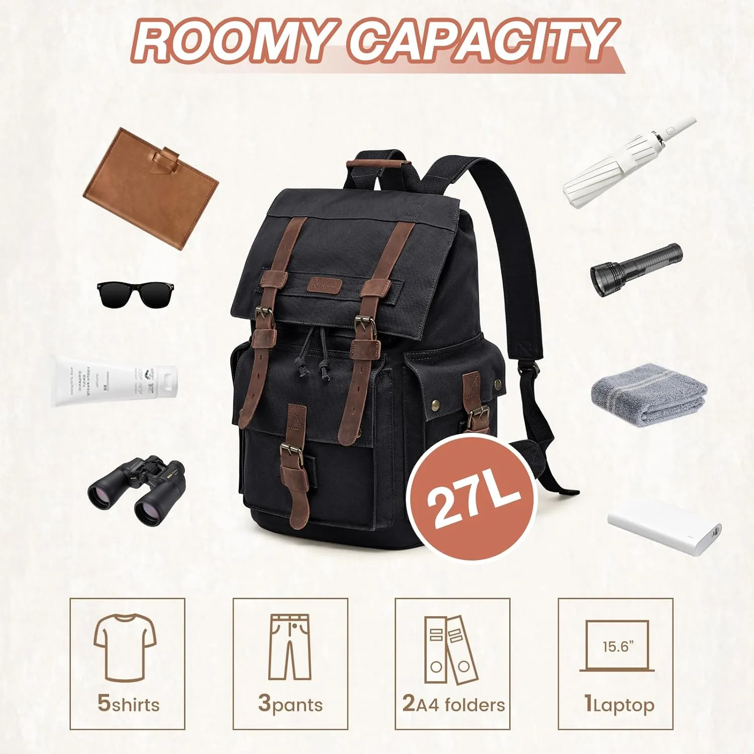Kattee Mens Leather Canvas Backpack Large School Bag Travel Rucksack Black