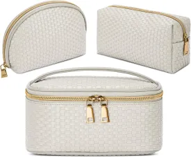 KTMOUW Makeup Bag 3 Pcs Waterproof Cosmetic Bag Set Portable Travel Cosmetic Bag Multifunction Organizer Storage Bag Weave Toiletry Bag for Women, Beige