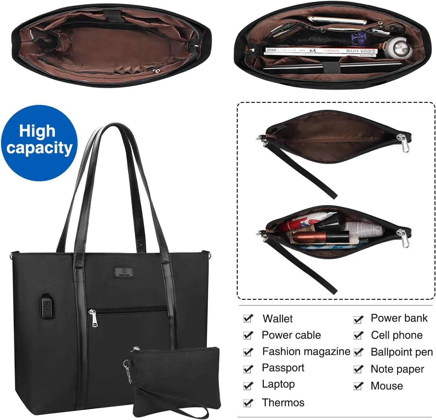 Laptop Tote Bag for Women 17.3 Inch Laptop Bag Large Teacher Tote Bag Waterproof Nylon Work Bag with Wristlet Wallet Computer Tote Bag Handbag Satchel Shoulder Bag (2pcs)