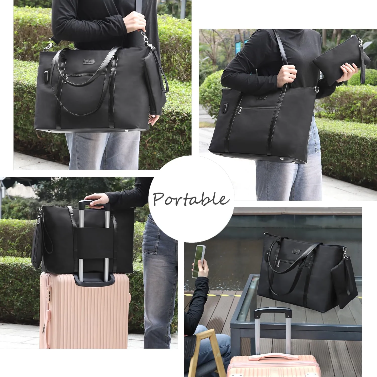 Laptop Tote Bag for Women 17.3 Inch Laptop Bag Large Teacher Tote Bag Waterproof Nylon Work Bag with Wristlet Wallet Computer Tote Bag Handbag Satchel Shoulder Bag (2pcs)