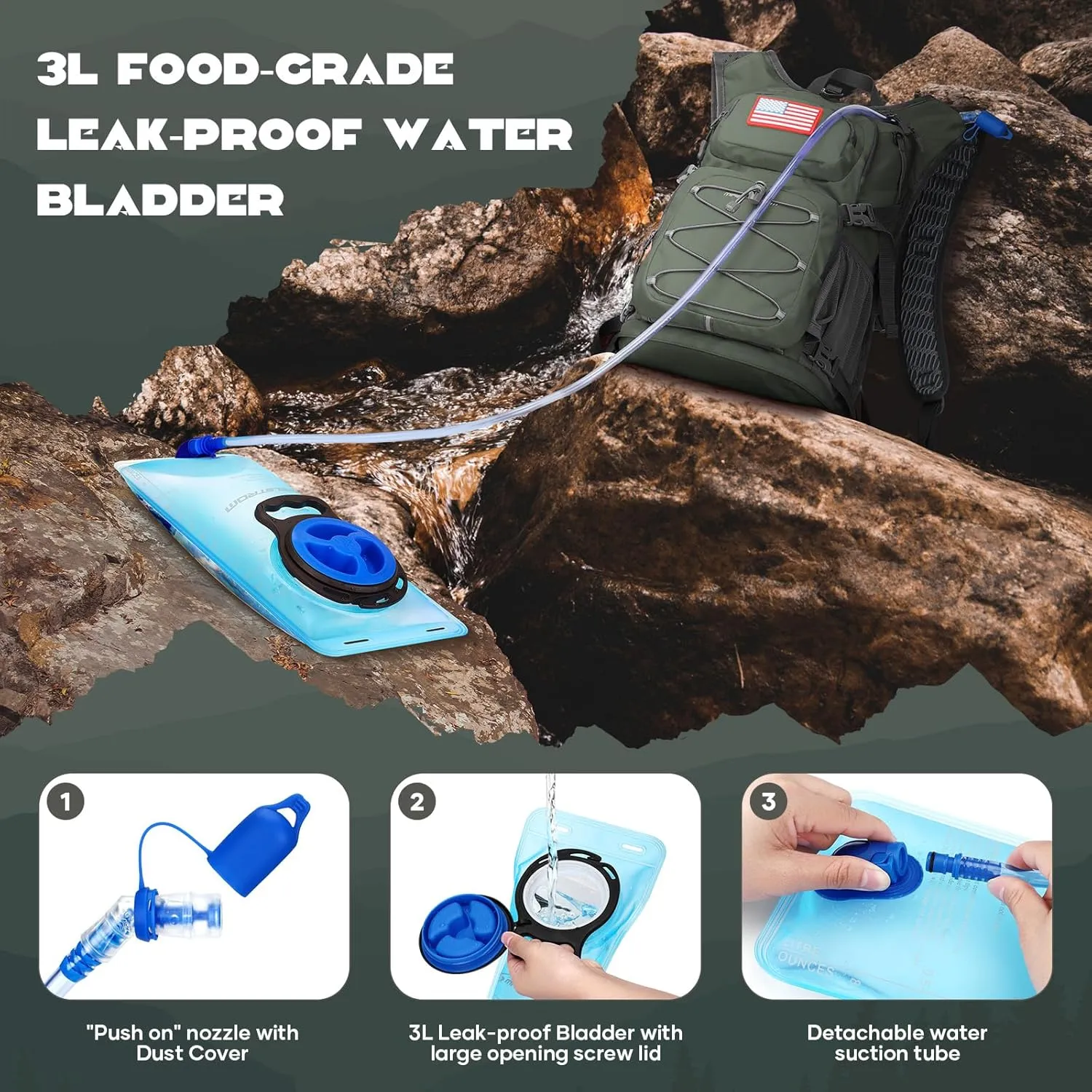 Maelstrom Hydration Backpack, Hiking Backpack with 2L/3L Water Bladder, High Flow Bite Valve Water Backpack Lightweight