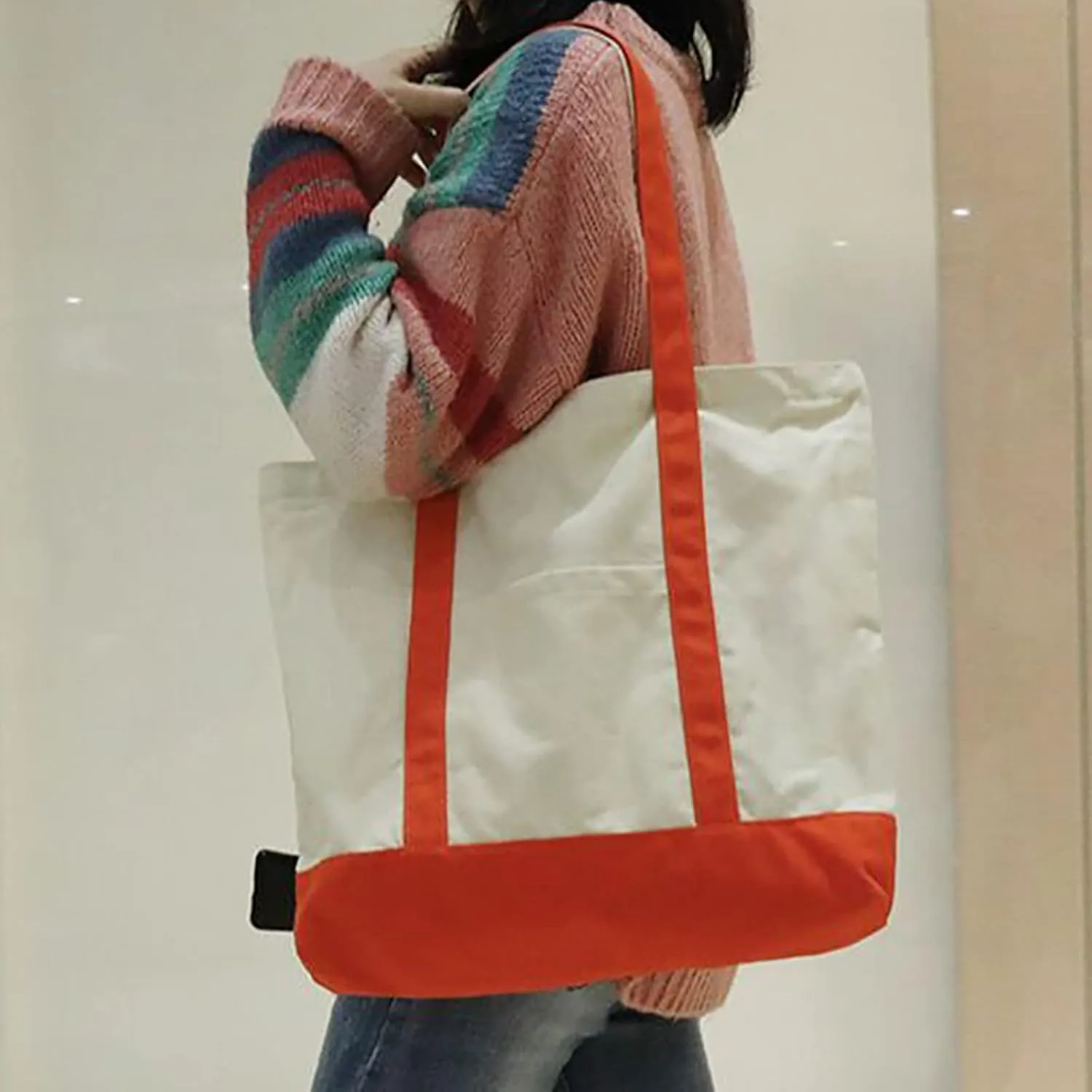 Medium Supermarket Bag Large Capacity Zipper Portable Canvas Bag Shoulder Bags Men Women (One Size)