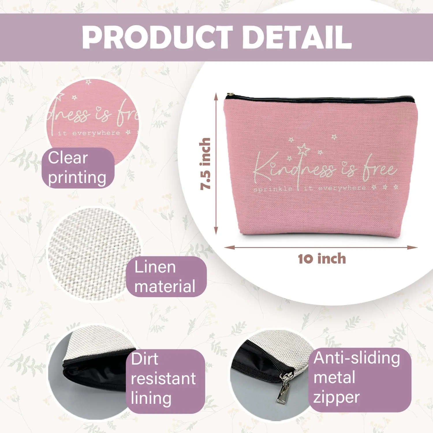 Positive Quote Makeup Bag, Kindness is Free Sprinkle it Everywhere Cosmetic Bag Travel Toiletry Bag, Inspirational Gifts for Women Friends Family Loved Ones, Pink Makeup Pouch