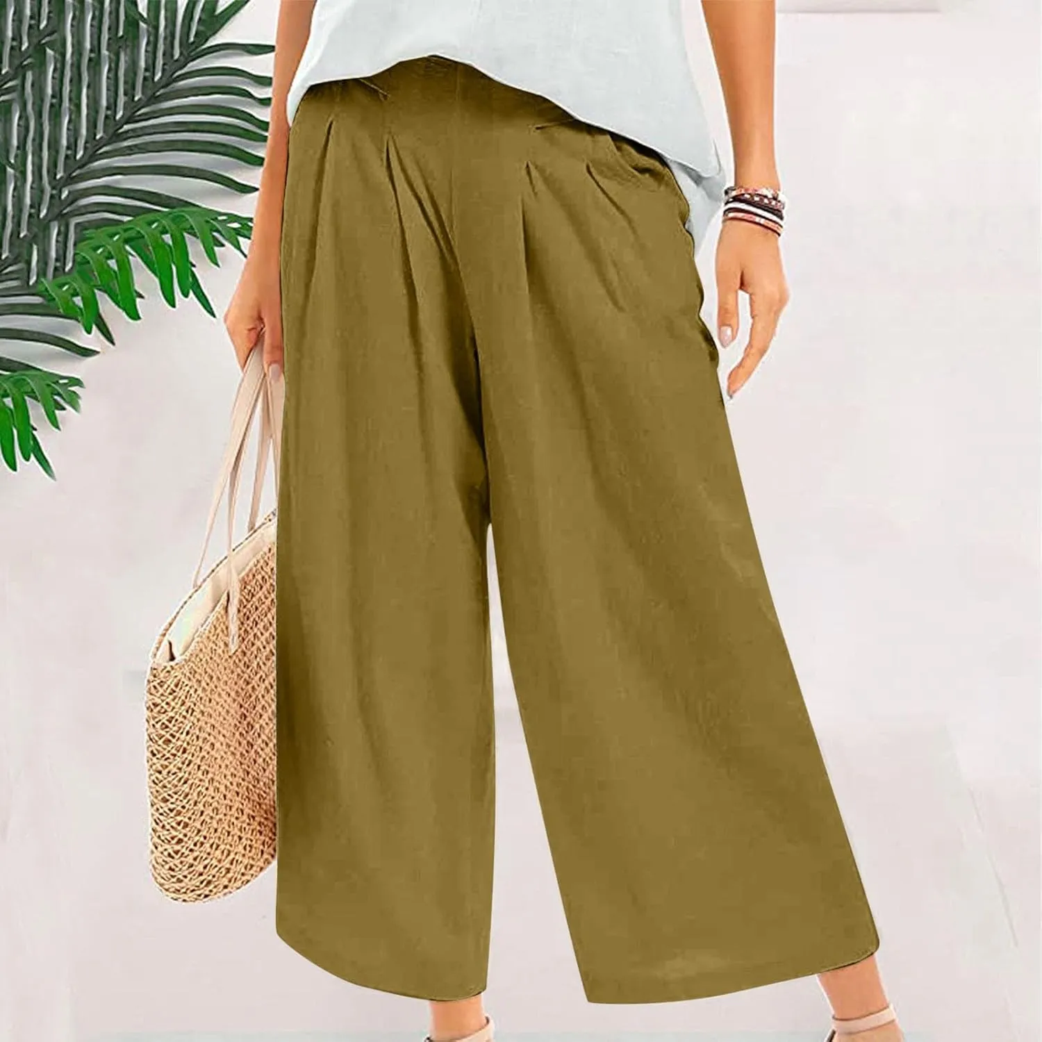 PTOLOCIF Cotton Linen Pants for Women Summer Drawstring Wide Leg Pants Loose Casual Cotton Linen Palazzo Pant with Pockets