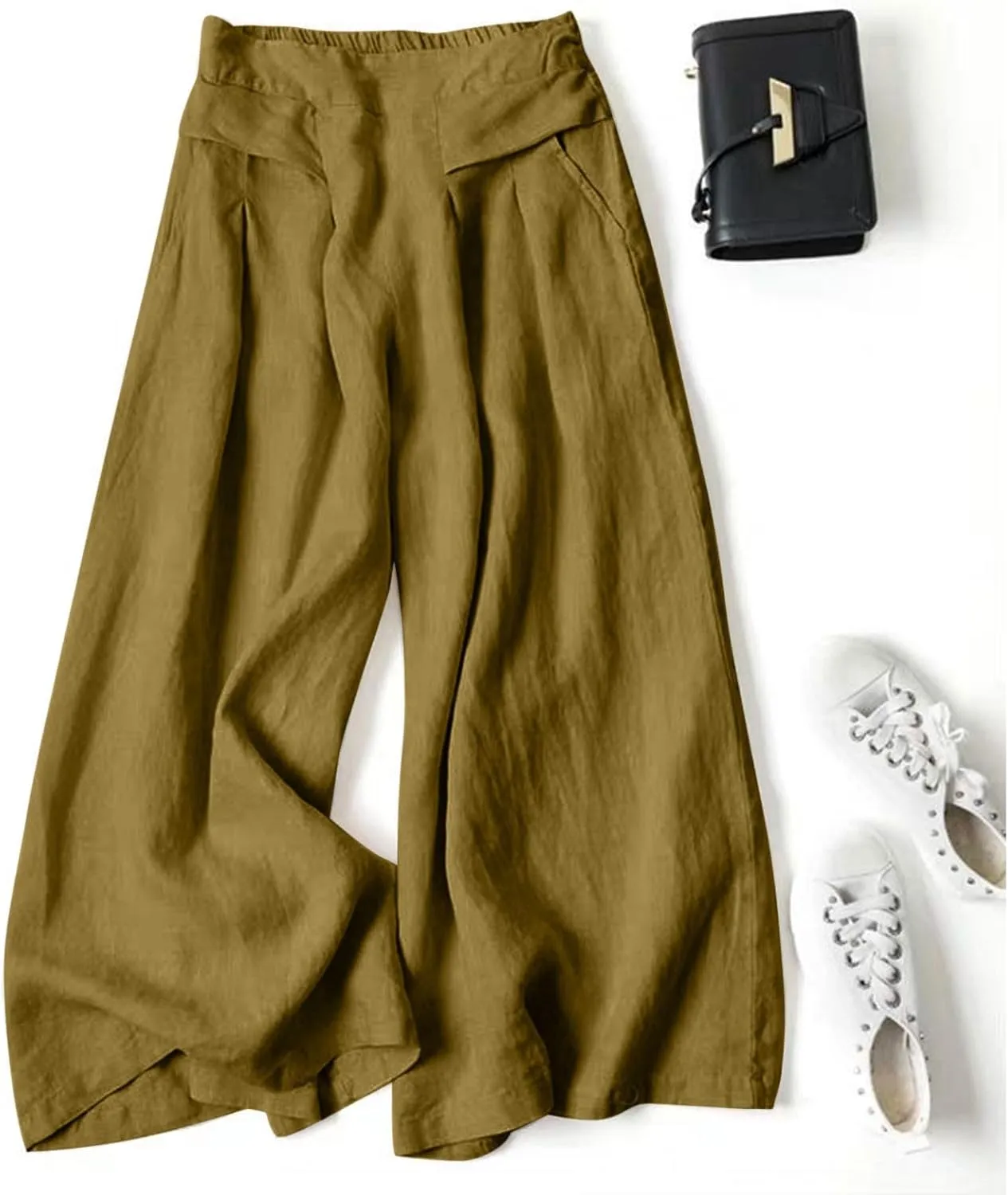 PTOLOCIF Cotton Linen Pants for Women Summer Drawstring Wide Leg Pants Loose Casual Cotton Linen Palazzo Pant with Pockets