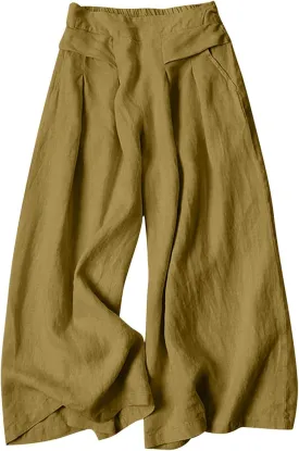 PTOLOCIF Cotton Linen Pants for Women Summer Drawstring Wide Leg Pants Loose Casual Cotton Linen Palazzo Pant with Pockets