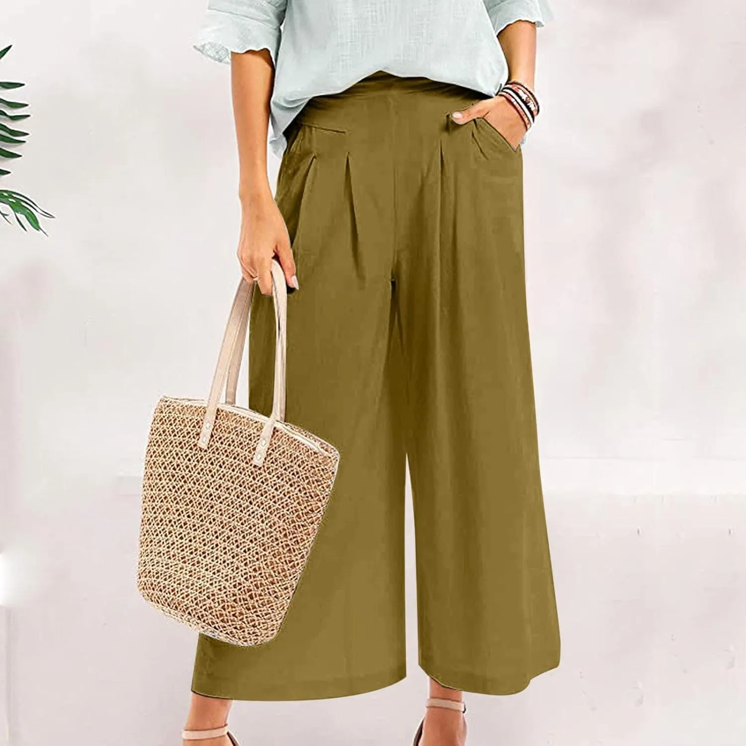 PTOLOCIF Cotton Linen Pants for Women Summer Drawstring Wide Leg Pants Loose Casual Cotton Linen Palazzo Pant with Pockets