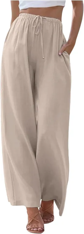 PTOLOCIF Linen Pants for Women Summer Wide Leg Casual Loose Pant Drawstring High Waist Palazzo Pant Trousers with Pockets