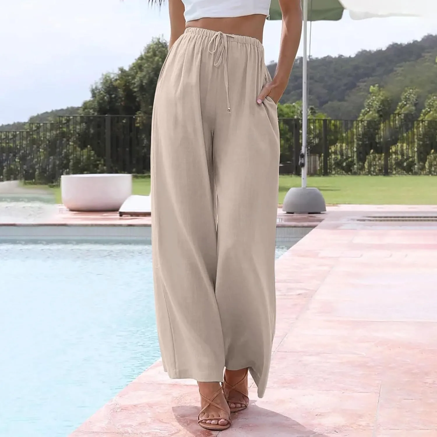 PTOLOCIF Linen Pants for Women Summer Wide Leg Casual Loose Pant Drawstring High Waist Palazzo Pant Trousers with Pockets