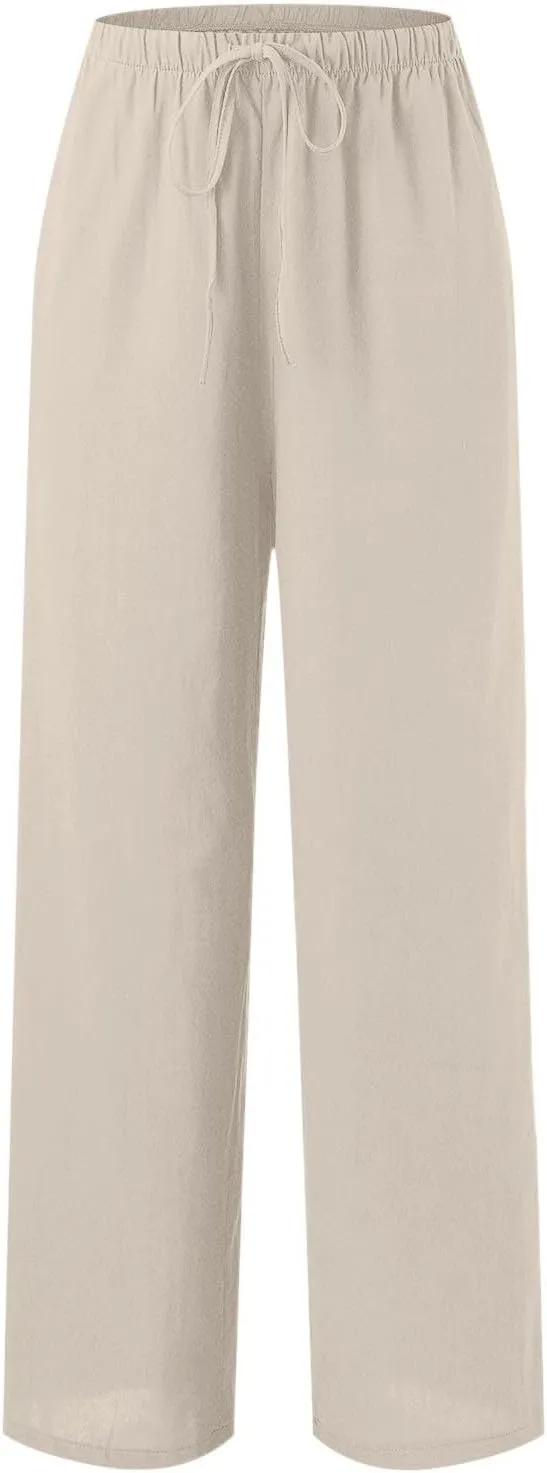 PTOLOCIF Linen Pants for Women Summer Wide Leg Casual Loose Pant Drawstring High Waist Palazzo Pant Trousers with Pockets
