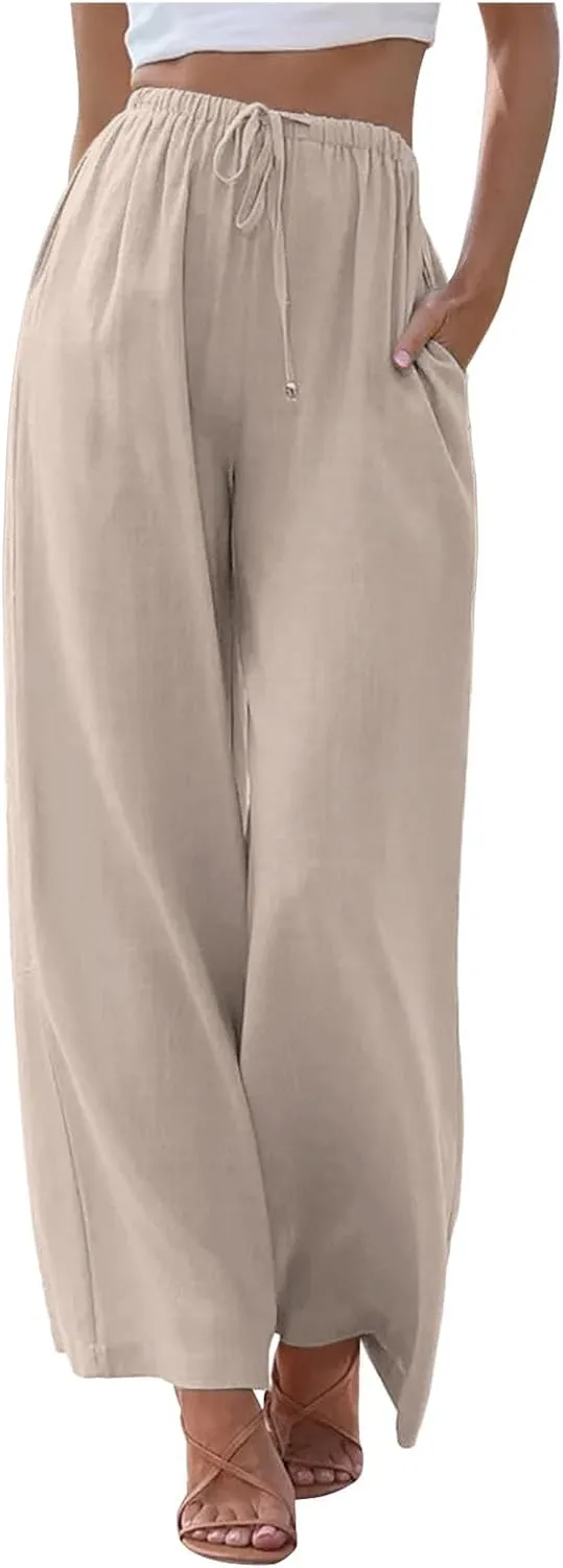 PTOLOCIF Linen Pants for Women Summer Wide Leg Casual Loose Pant Drawstring High Waist Palazzo Pant Trousers with Pockets