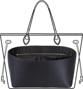 Purse Organizer Insert For Handbags, Silk Purse Organizer with Zipper, Silky Smooth, Bag Organizer For Speedy Neverfull Tote,onthego,Artsy, 6 Sizes(Large, Silky Black)