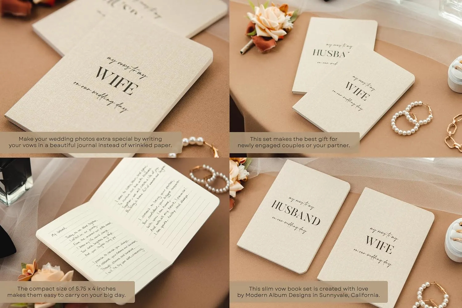 Slim Vow Books (Set of 2 - Design 3) - Soft Cream Canvas Linen Textured Cover Wedding Vow Booklets, Ceremony Speech Promise Notebook Journal, Gift for Newly Engaged Couple, 48 Lined Pages, 5.75" x 4"