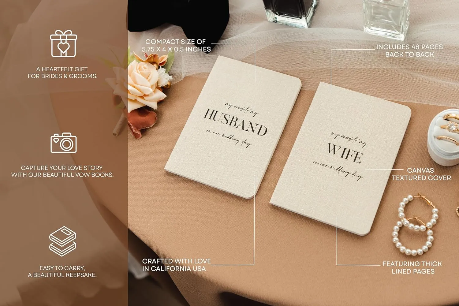 Slim Vow Books (Set of 2 - Design 3) - Soft Cream Canvas Linen Textured Cover Wedding Vow Booklets, Ceremony Speech Promise Notebook Journal, Gift for Newly Engaged Couple, 48 Lined Pages, 5.75" x 4"