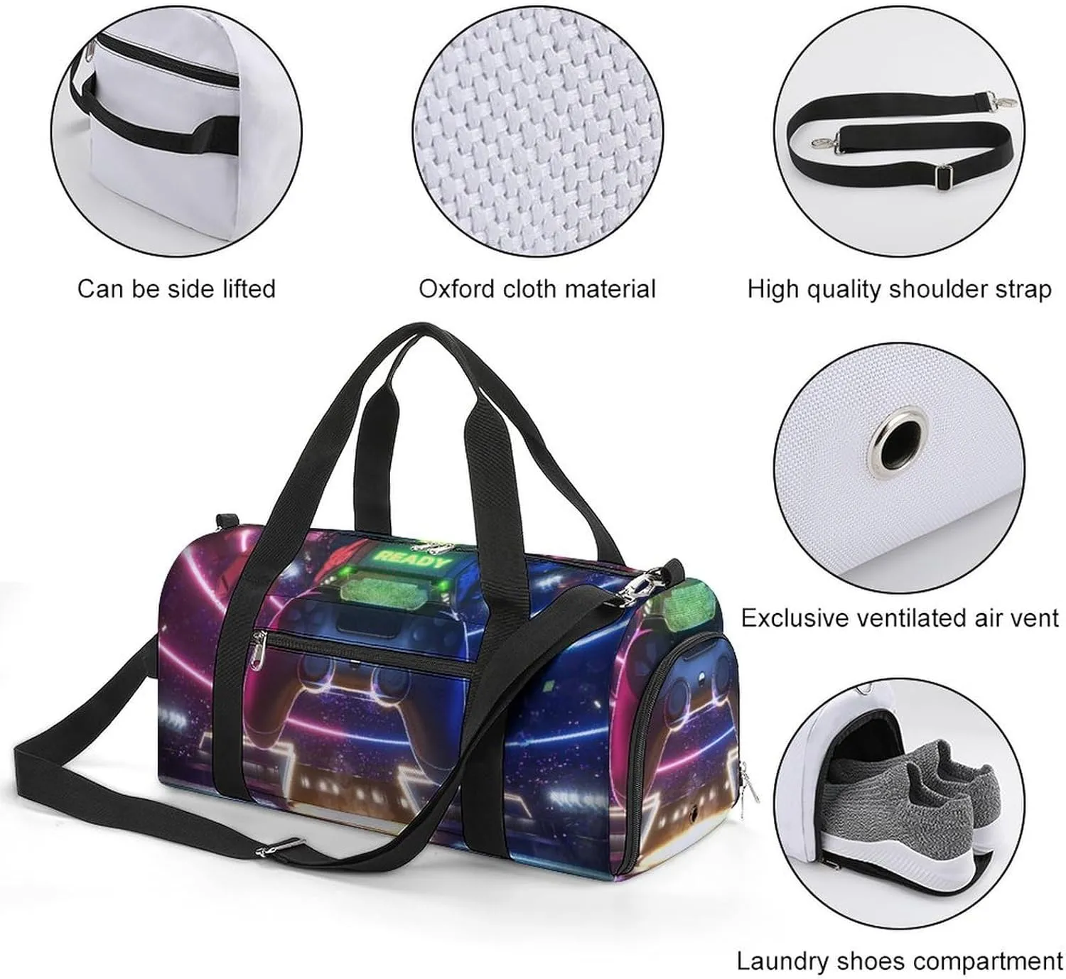 Sport Gym Duffel with Shoe Compartment Wet Pocket, Neon-light-glow-e-sport Shoulder Travel Bag for Women Men