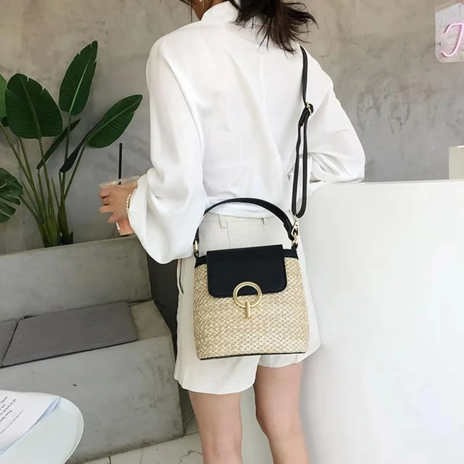 Straw Weave Women Ladies Bucket Handbags Summer Beach Shoulder Bags Lap Purse (A, One Size)