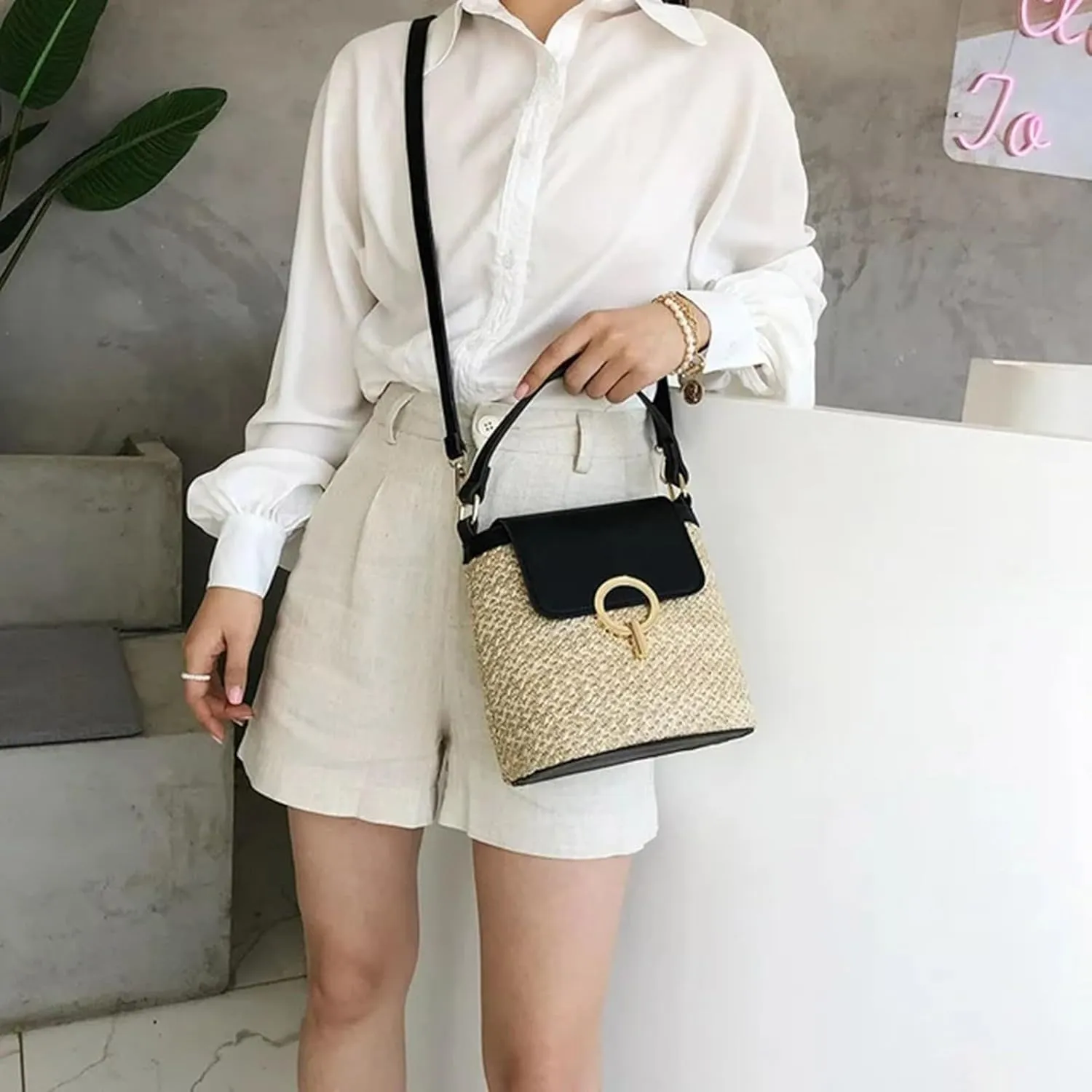 Straw Weave Women Ladies Bucket Handbags Summer Beach Shoulder Bags Lap Purse (A, One Size)