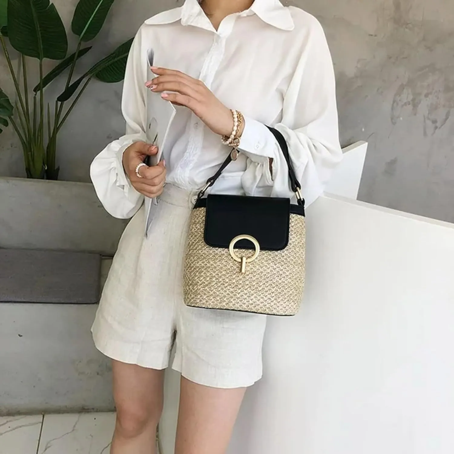 Straw Weave Women Ladies Bucket Handbags Summer Beach Shoulder Bags Lap Purse (A, One Size)