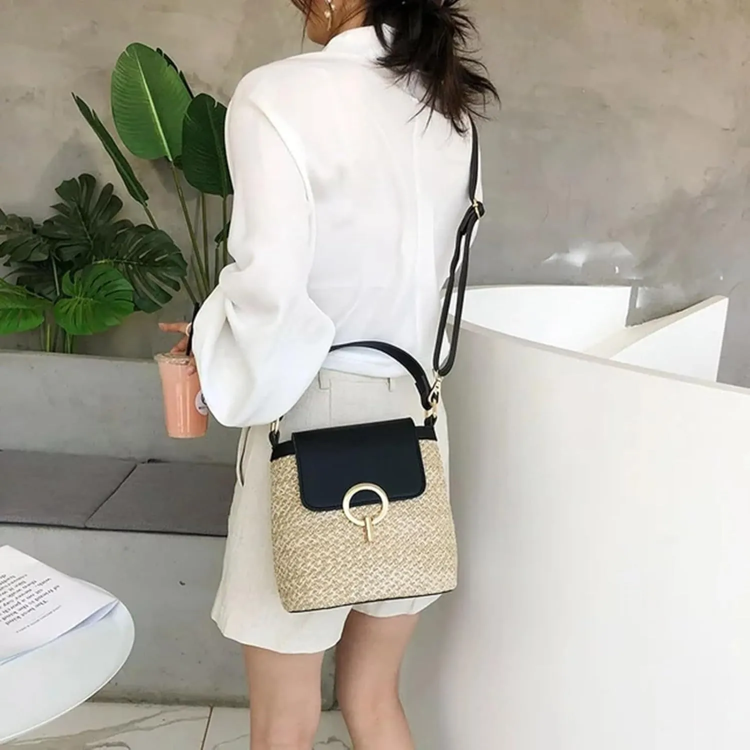 Straw Weave Women Ladies Bucket Handbags Summer Beach Shoulder Bags Lap Purse (A, One Size)
