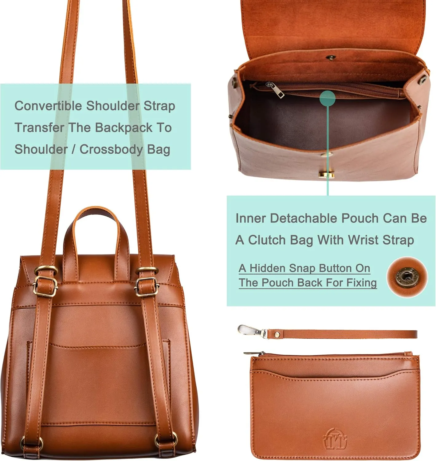 SUNLIGHT LEAVES Simple Vegan Leather Flap 3 Way Convertible Backpack For Women Classic Vintage Faux Leather Fashion Daypack (Green)