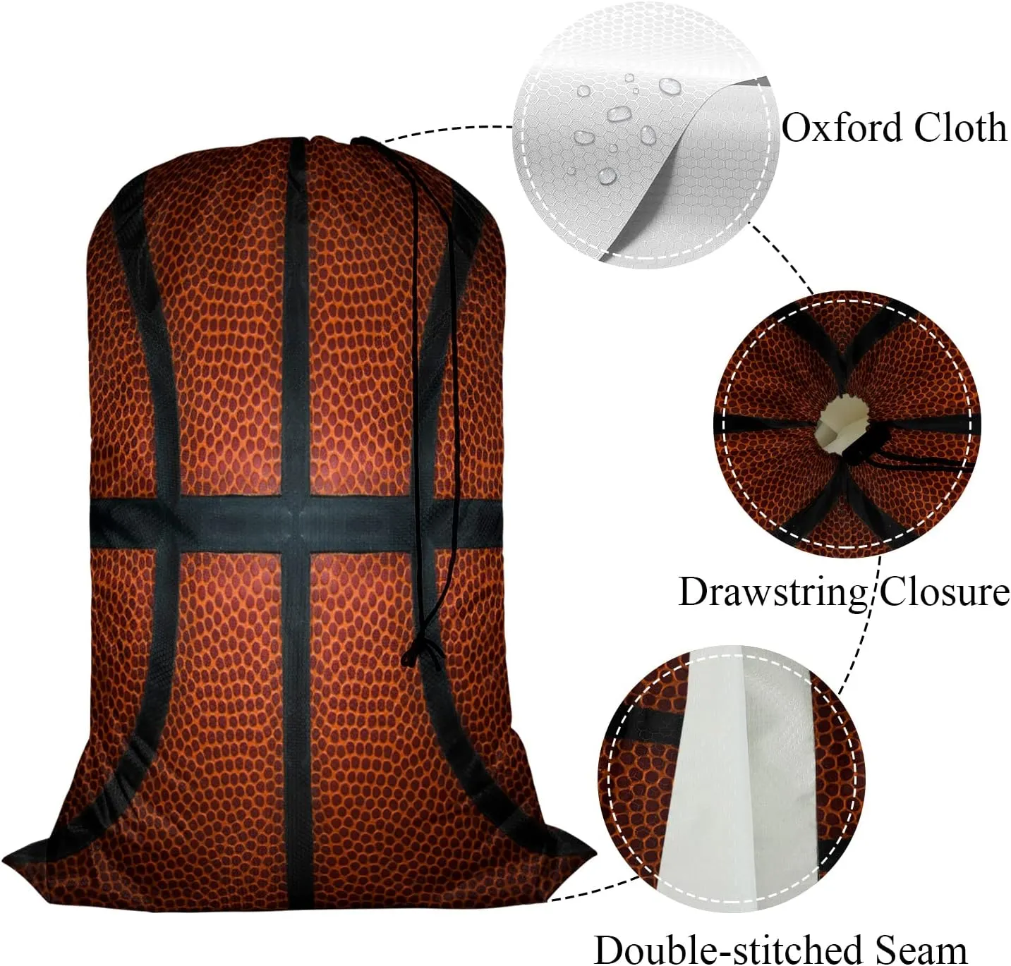 Swono Basketball Large Dirty Clothes Laundry Bag for Laundry Basket Hamper, Ball Leather Game Sports Machine Washable Dirty Clothes Organizer, Oxford Cloth, Black Red Orange