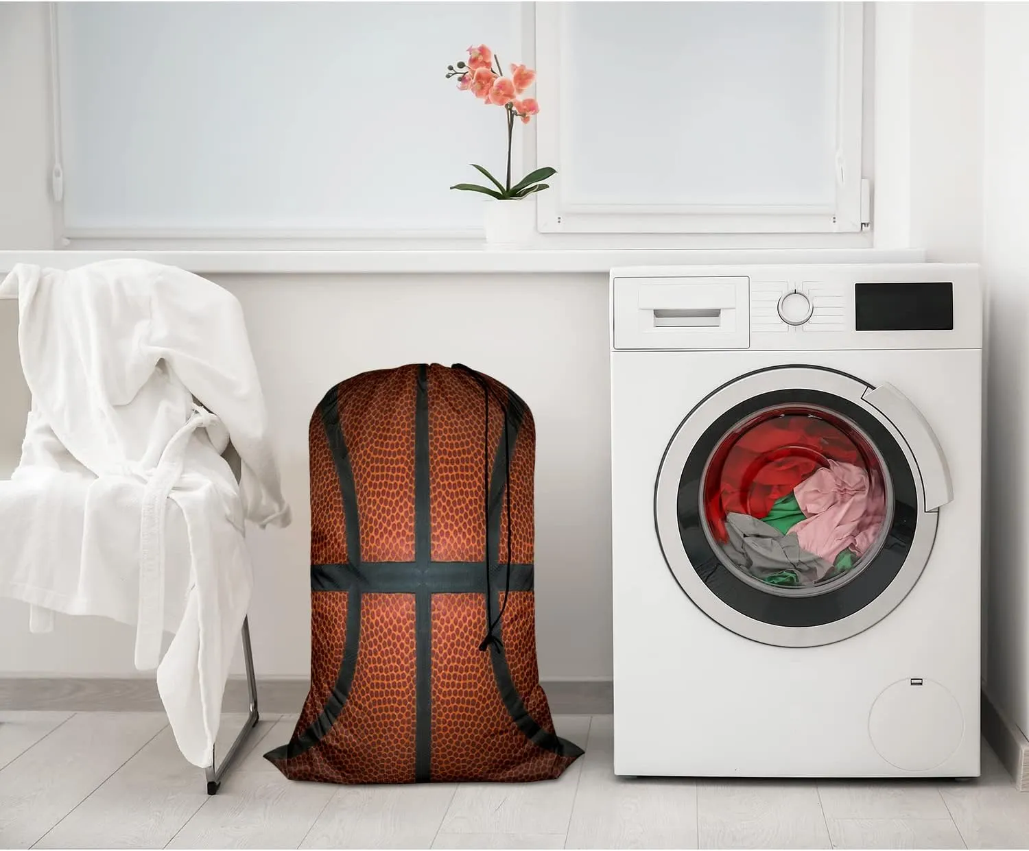 Swono Basketball Large Dirty Clothes Laundry Bag for Laundry Basket Hamper, Ball Leather Game Sports Machine Washable Dirty Clothes Organizer, Oxford Cloth, Black Red Orange