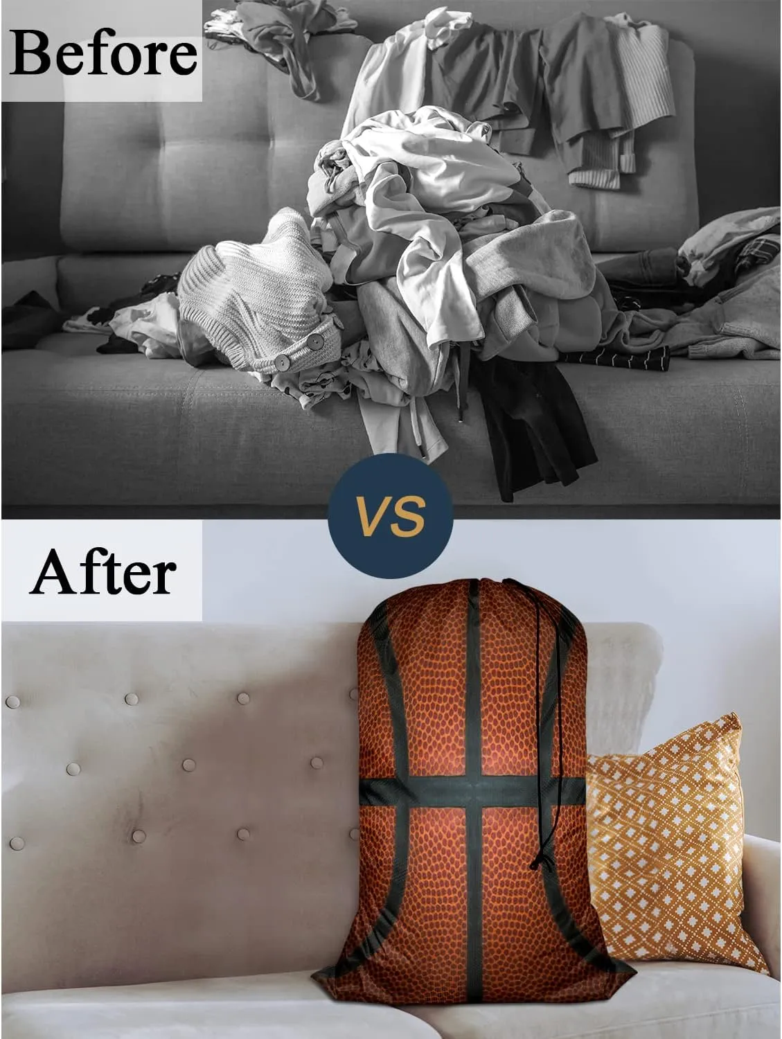 Swono Basketball Large Dirty Clothes Laundry Bag for Laundry Basket Hamper, Ball Leather Game Sports Machine Washable Dirty Clothes Organizer, Oxford Cloth, Black Red Orange