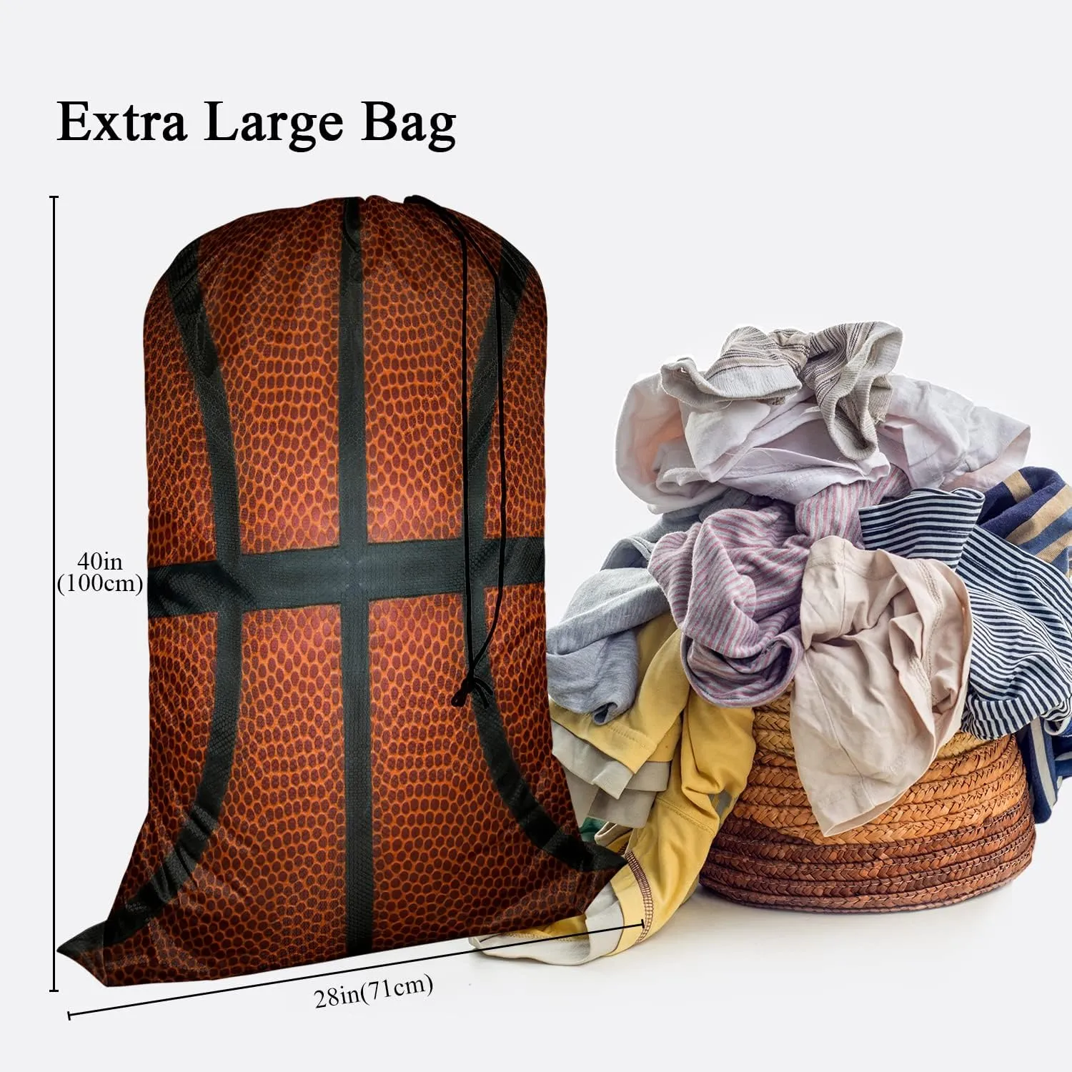 Swono Basketball Large Dirty Clothes Laundry Bag for Laundry Basket Hamper, Ball Leather Game Sports Machine Washable Dirty Clothes Organizer, Oxford Cloth, Black Red Orange
