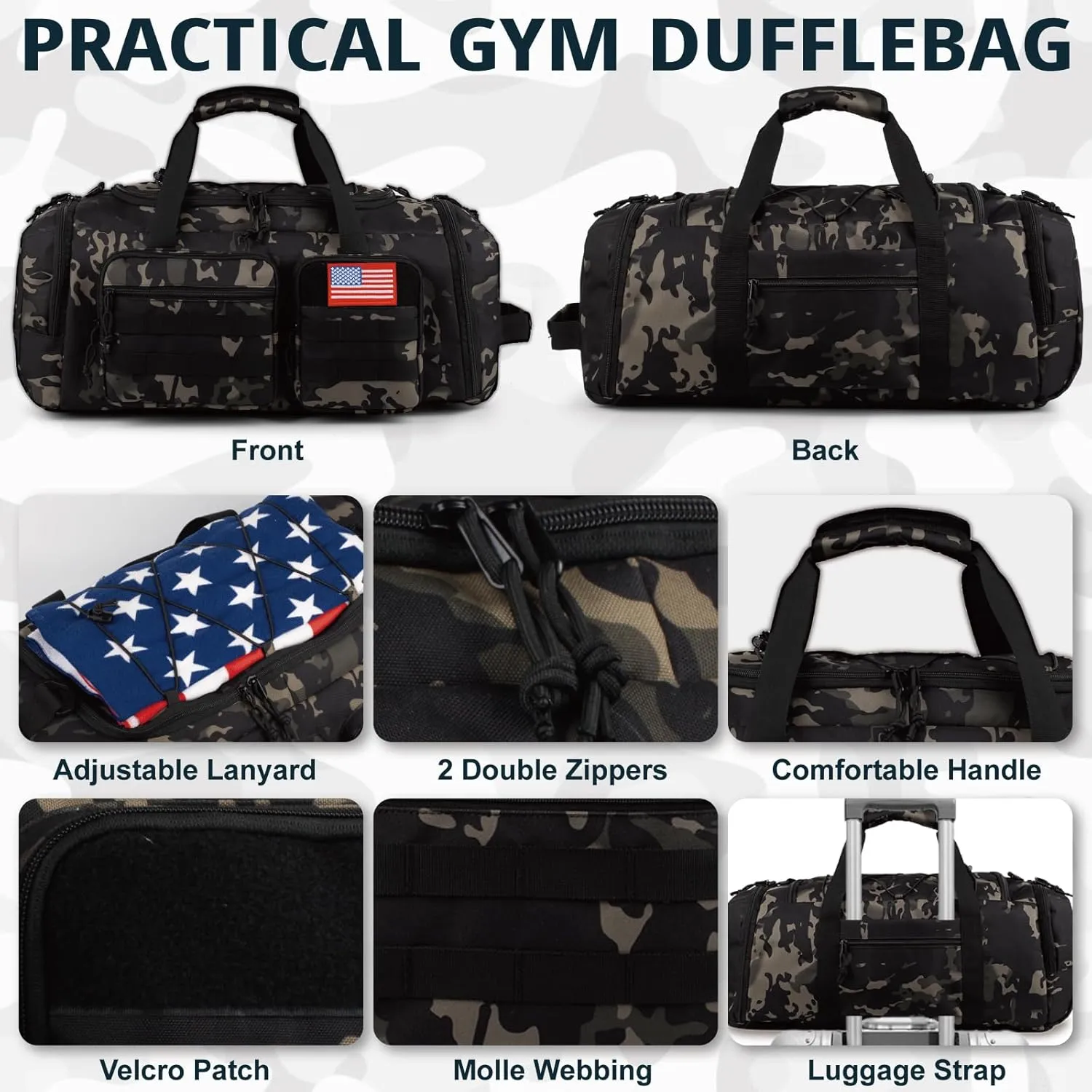 Tactical Gym Bag for Men70L Large 3 in 1 Sports Duffle Bag with Shoes Compartment for Travel,Water Resistant Travel Backpack Weekender Overnight Bag with Wet Pocket for Women