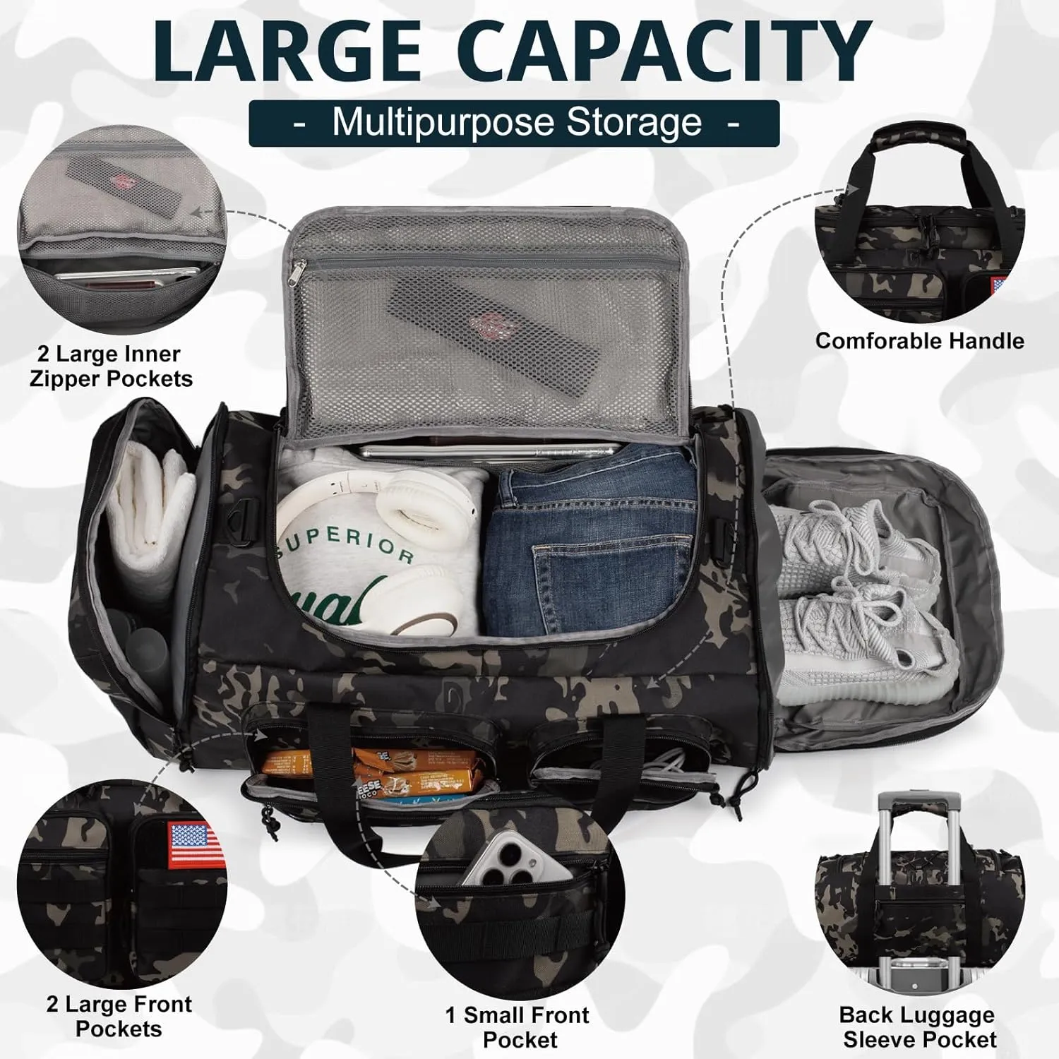 Tactical Gym Bag for Men70L Large 3 in 1 Sports Duffle Bag with Shoes Compartment for Travel,Water Resistant Travel Backpack Weekender Overnight Bag with Wet Pocket for Women