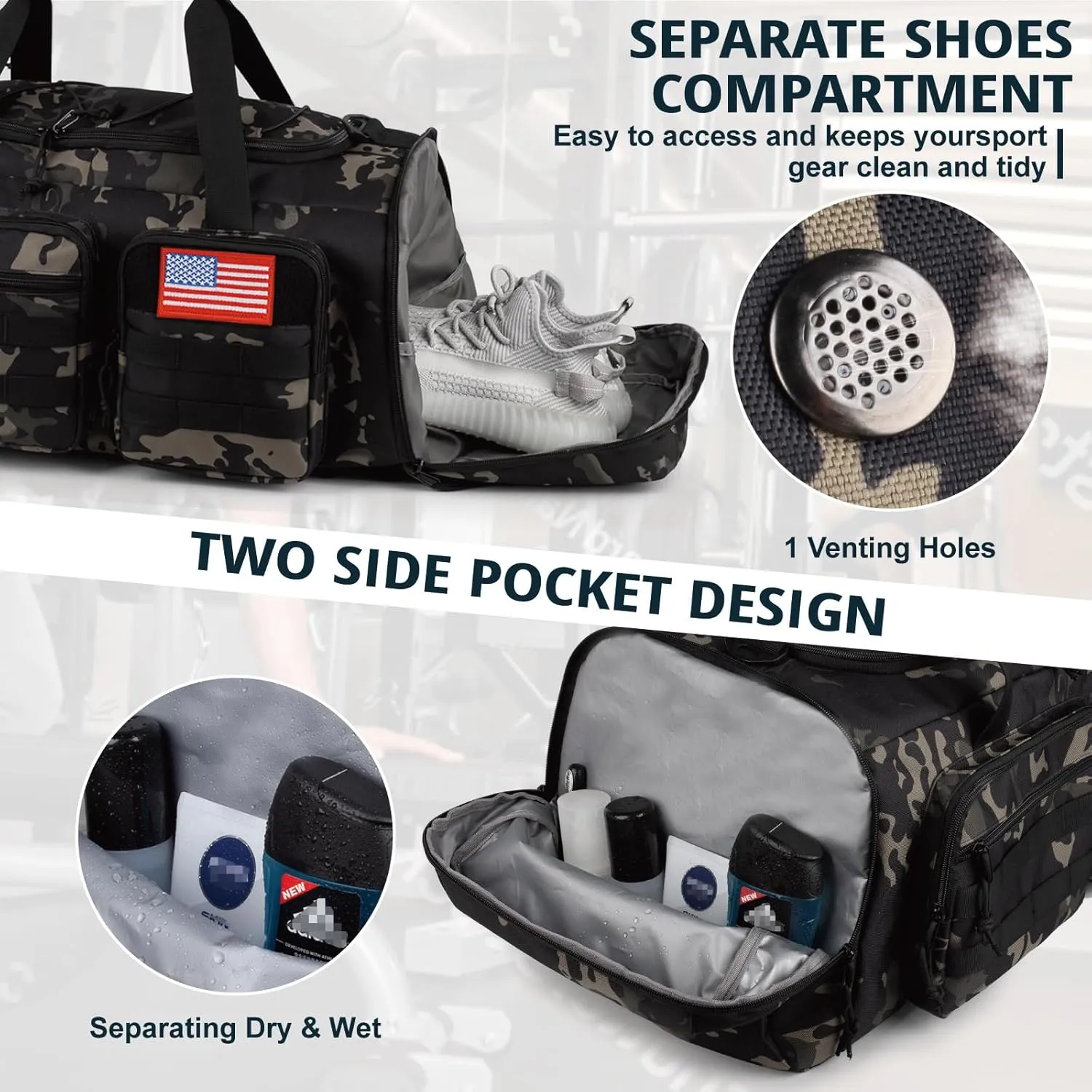 Tactical Gym Bag for Men70L Large 3 in 1 Sports Duffle Bag with Shoes Compartment for Travel,Water Resistant Travel Backpack Weekender Overnight Bag with Wet Pocket for Women