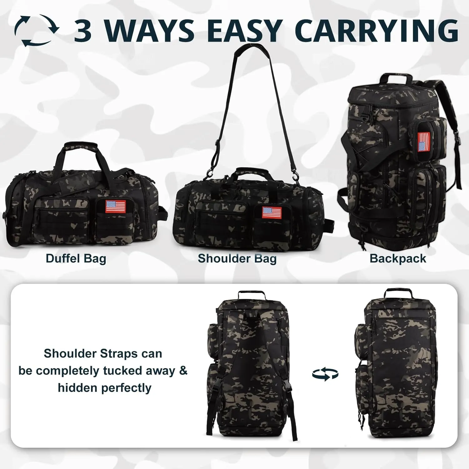 Tactical Gym Bag for Men70L Large 3 in 1 Sports Duffle Bag with Shoes Compartment for Travel,Water Resistant Travel Backpack Weekender Overnight Bag with Wet Pocket for Women